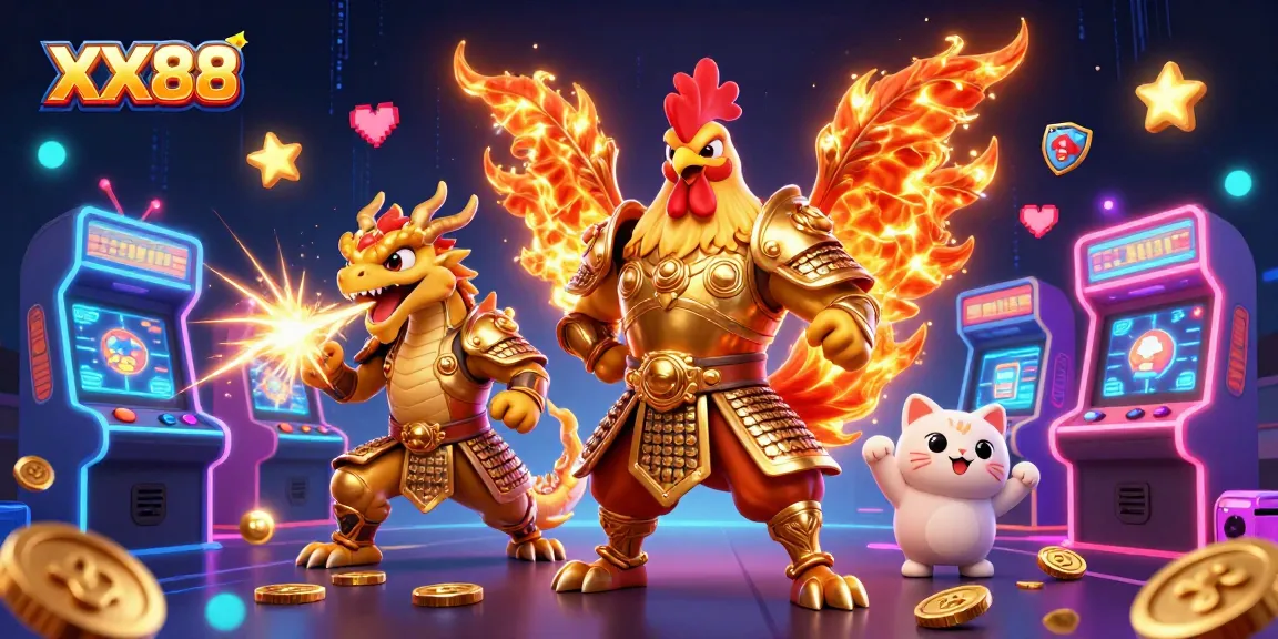 Engage with the unique gaming adventure at XX88 featuring a roaring rooster warrior, fierce dragon hatchling, and exciting casino elements.