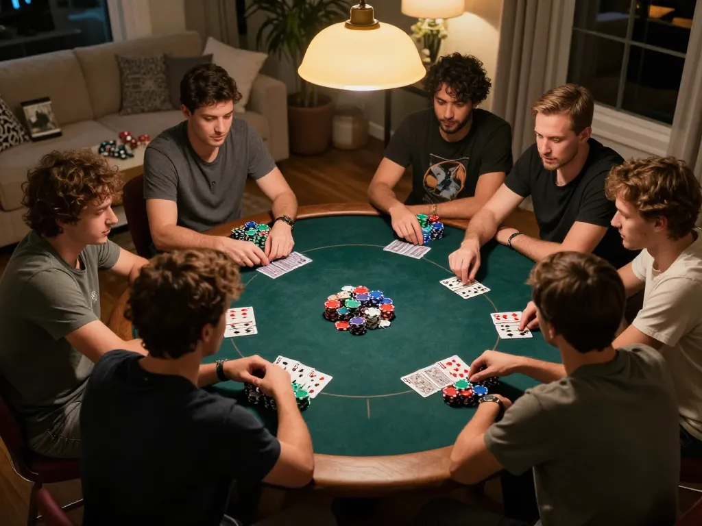 Players enjoy an exciting poker night at home, showcasing rikvip gameplay strategy and fun.
