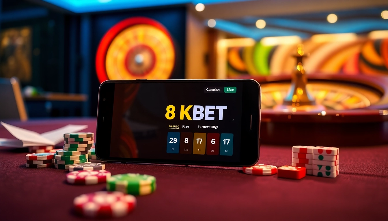Tải app 8KBET on a smartphone among poker chips and casino tables for an immersive gambling experience.