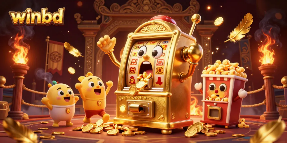 Winbd slot machine wins big, showering coins in a vibrant casino atmosphere.