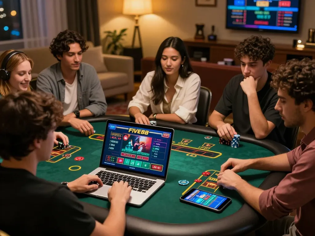 Players strategizing in an engaging live dealer game on FIVE88, highlighting dynamic online gambling moments.