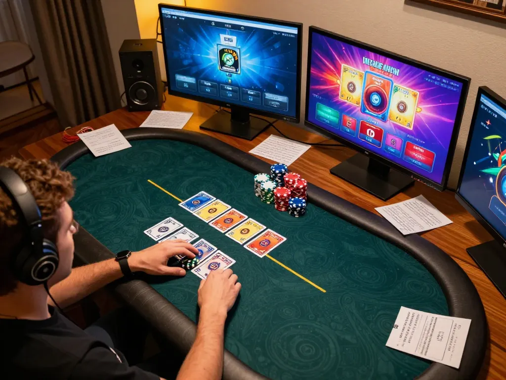 Players strategizing in an intense online TX88 poker game at home, highlighting competitive spirit.