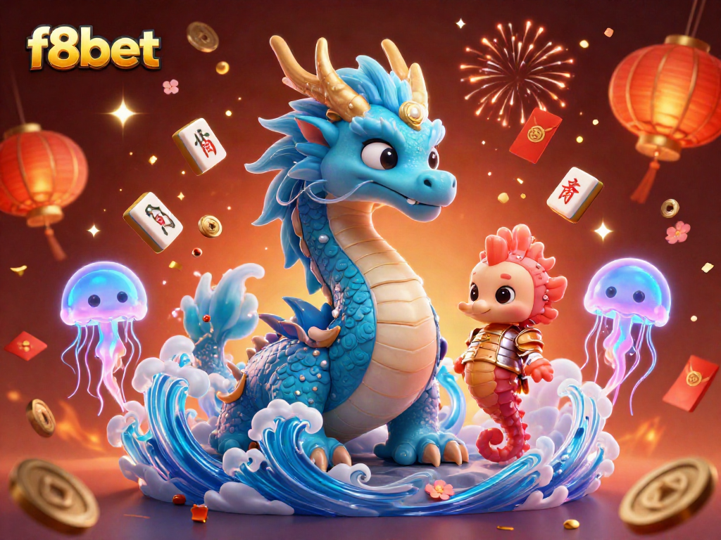 Experience the excitement of f8bet with a dynamic 3D illustration featuring a water dragon, seahorse knight, and floating casino elements.