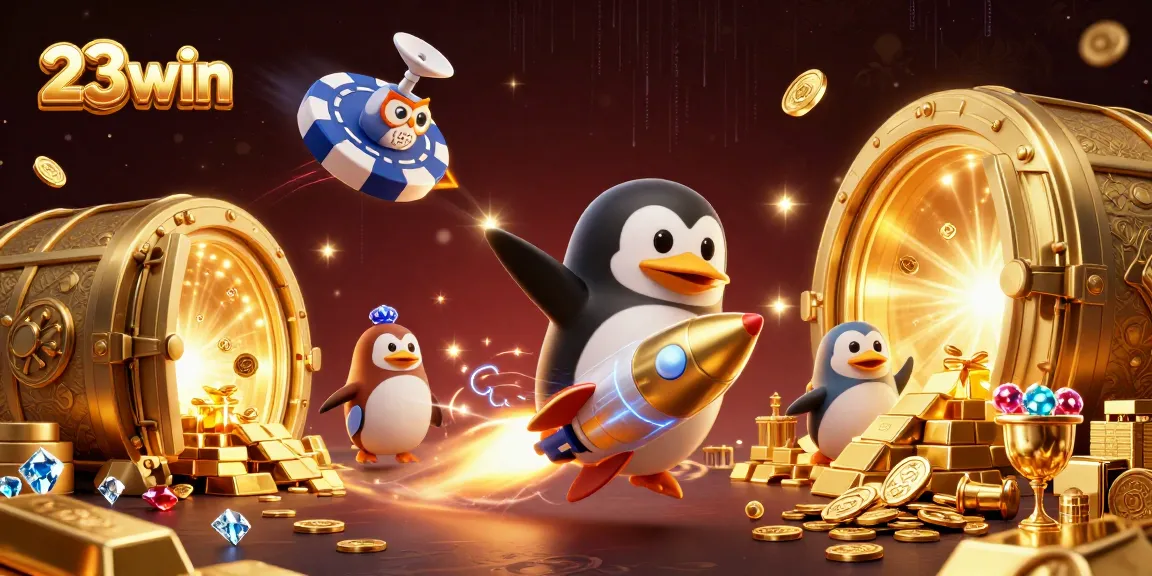 Experience the thrill of 23win with a golden penguin blasting through space towards a vibrant casino.