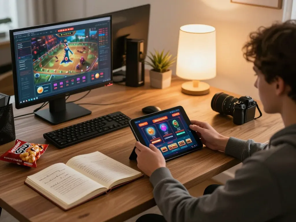 Experience online gambling at 98WIN with an engaging tablet setup and strategic notes