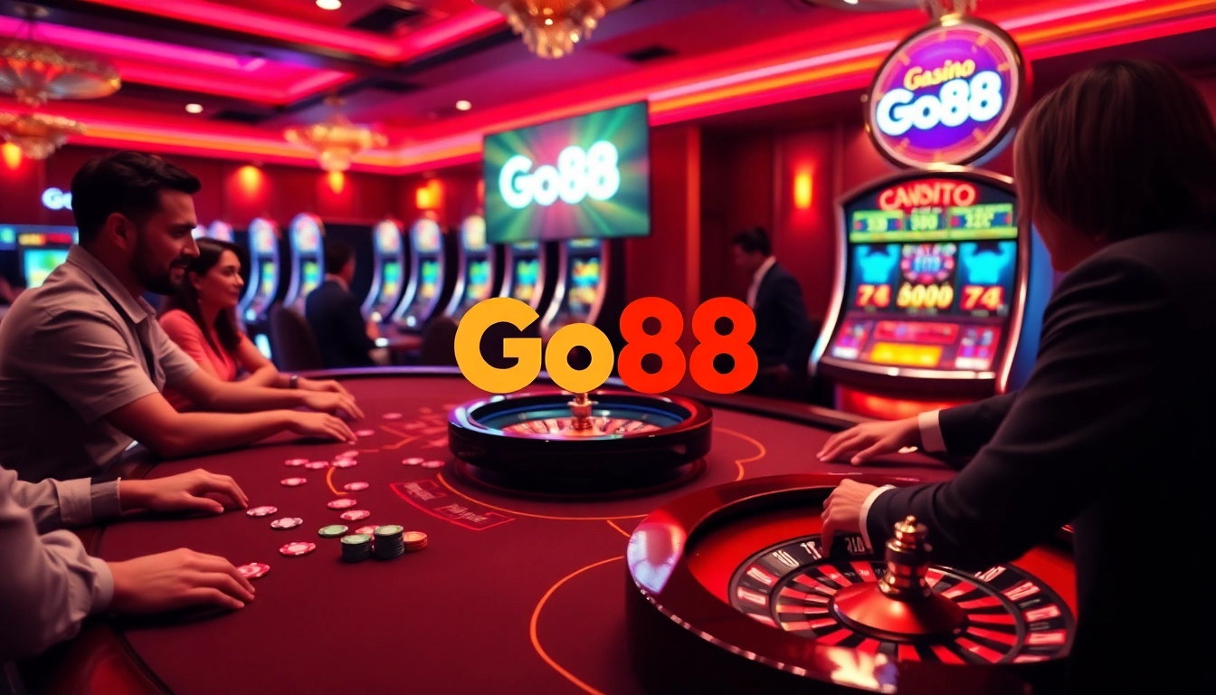 Players engaging in a thrilling game at a Go88 casino table surrounded by vibrant colors and exciting atmosphere.