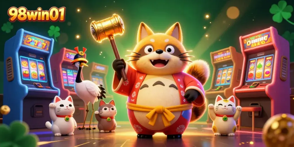 Experience exciting gameplay with 98win01's vibrant casino illustration featuring unique characters and game elements.