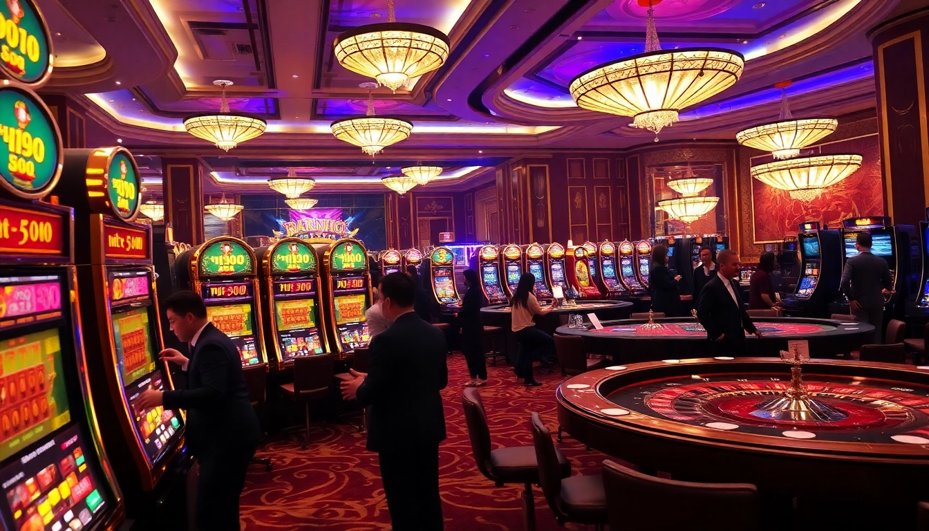 Experience the excitement of nổ hủ 90 at a luxurious casino setting with vibrant slot machines.