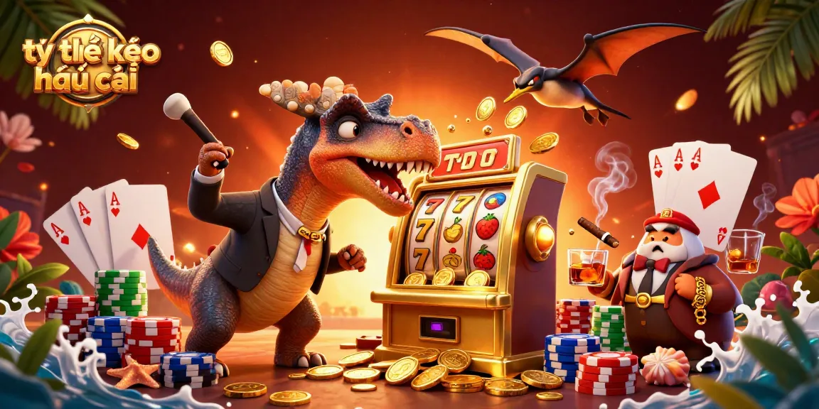Headbutting a golden slot machine for tỷ lệ kèo nhà cái jackpot, surrounded by casino elements.