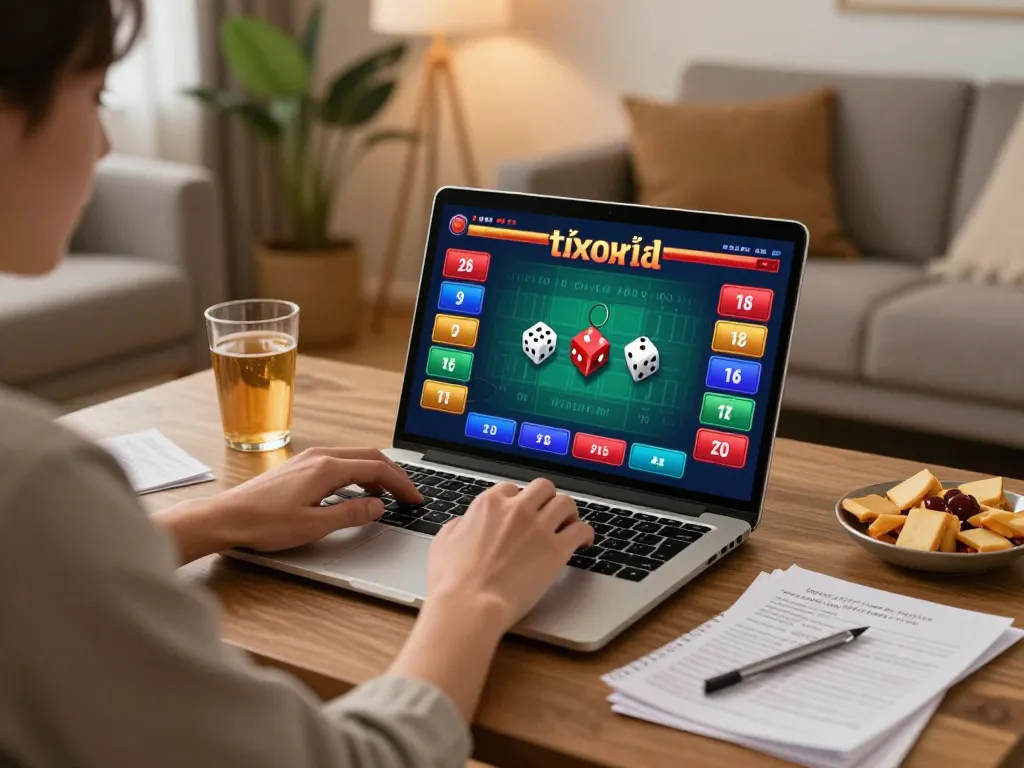 Engaged player enjoying tài xỉu online in a cozy home environment with snacks and notes.