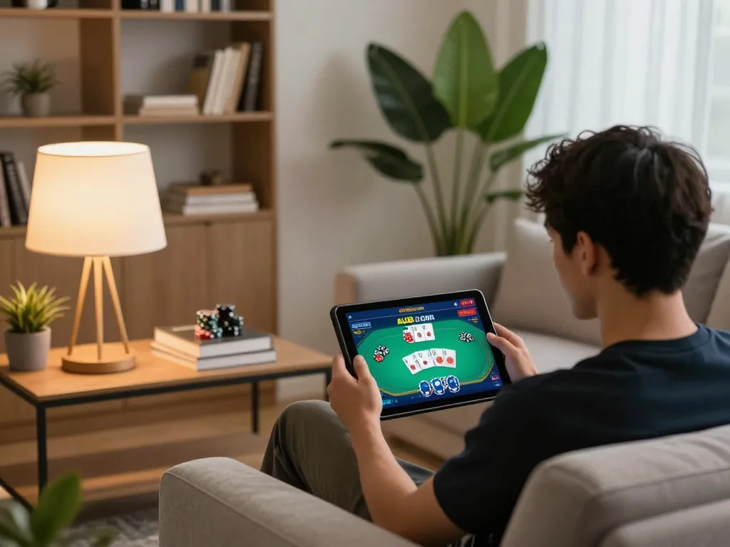 Player engaging with AU88 com on tablet from cozy home setup, enjoying online poker game