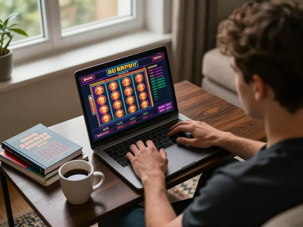 Player engaging with go8 online slots, showcasing strategic gameplay in a comfortable home setting.
