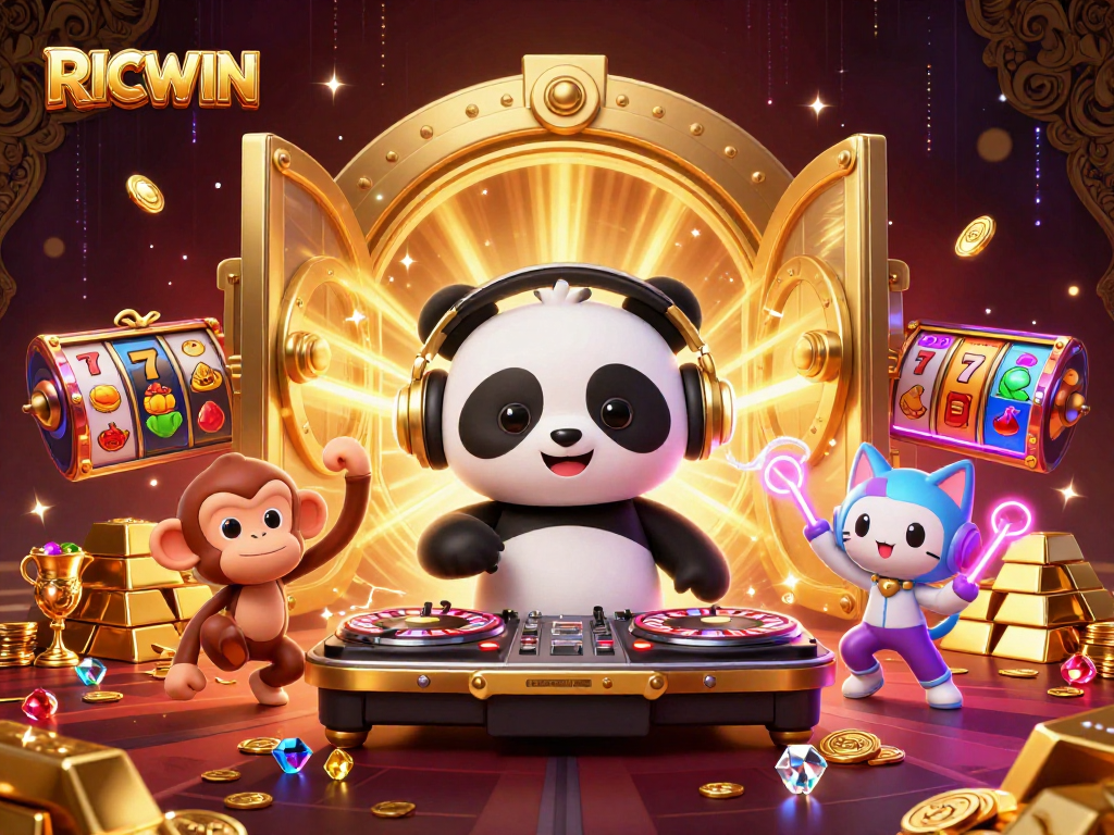 Join the fun with RICWIN as DJ panda spins roulette wheels and slot reels in a vibrant casino scene.