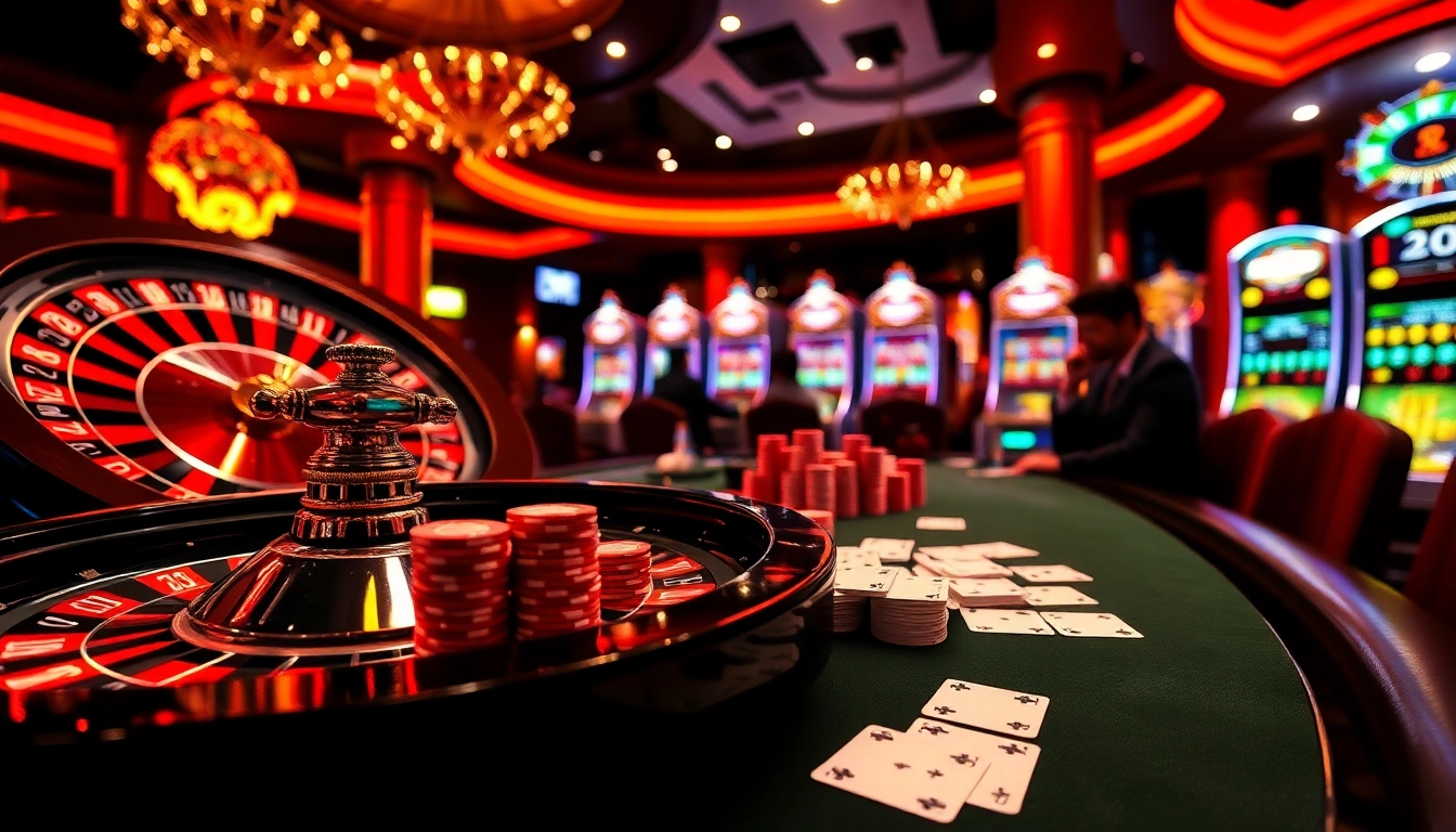 Engaging scene at tylenhacai7.com casino with poker chips, roulette wheel, and excited players.