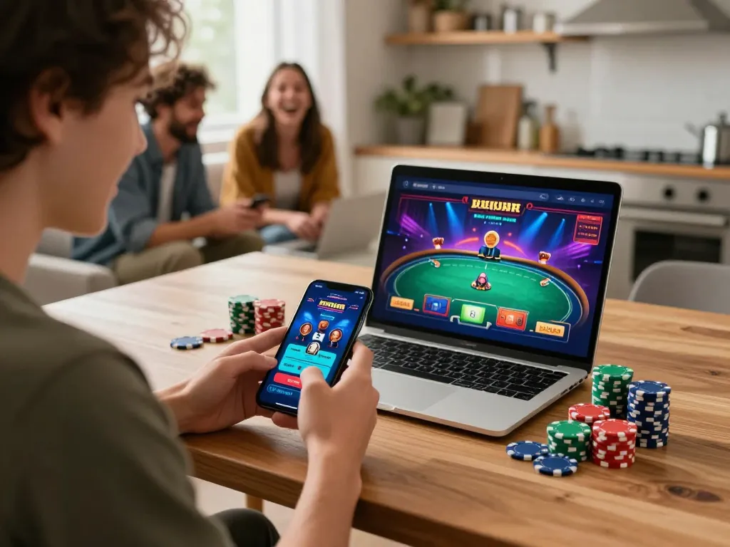 Engaging gameplay on the 8day app with vibrant poker chips at home.