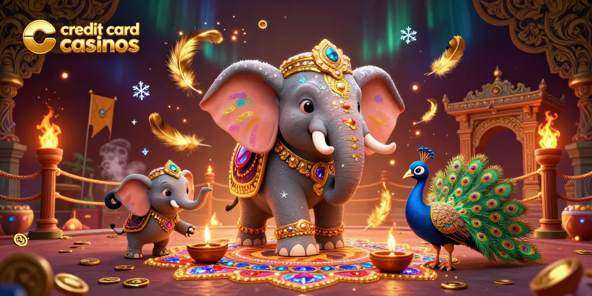 Experience vibrant credit card casinos with Diwali-themed characters and dazzling gems in dynamic casino scene.