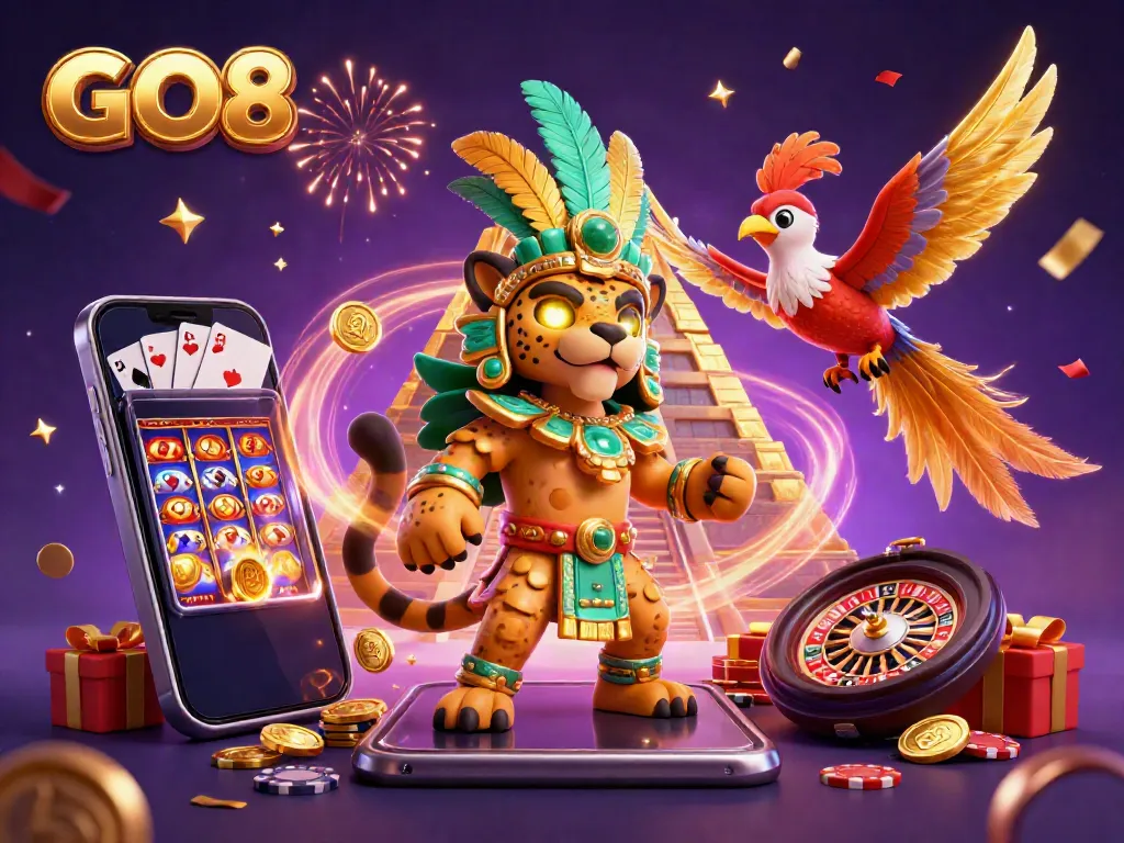 Experience the excitement of GO8 with this vivid 3D illustration featuring slot games, rewards, and festive celebration.