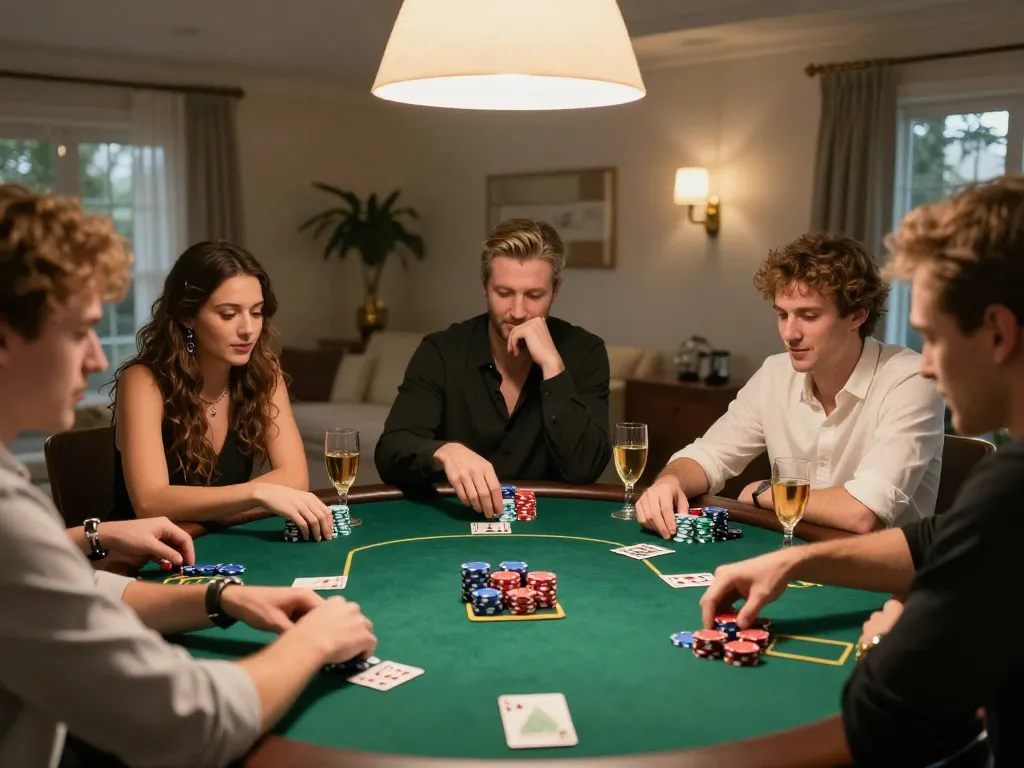 Friends sharing strategic poker gameplay at home, depicting tg887 gamer's excitement and warmth.