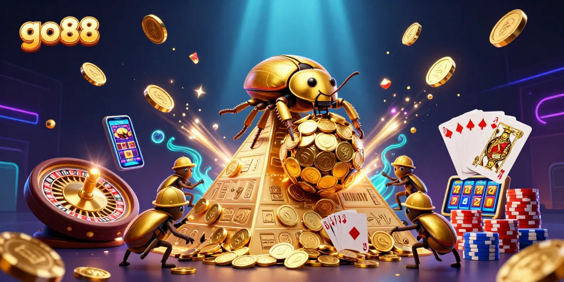 Go88 features a vibrant scene with animated beetles assisting a golden ball of coins among casino elements.
