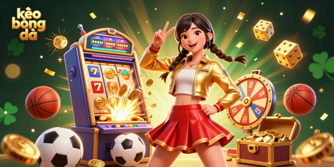 Engage in kèo bóng đá with a vibrant Asian woman amidst a dynamic gambling scene featuring sports balls and prize elements.