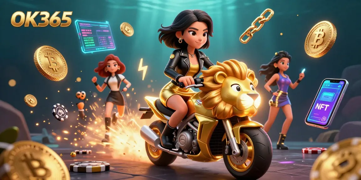 Experience thrilling gameplay with OK365, vibrant characters over 3D casino elements, and cryptocurrency motifs.