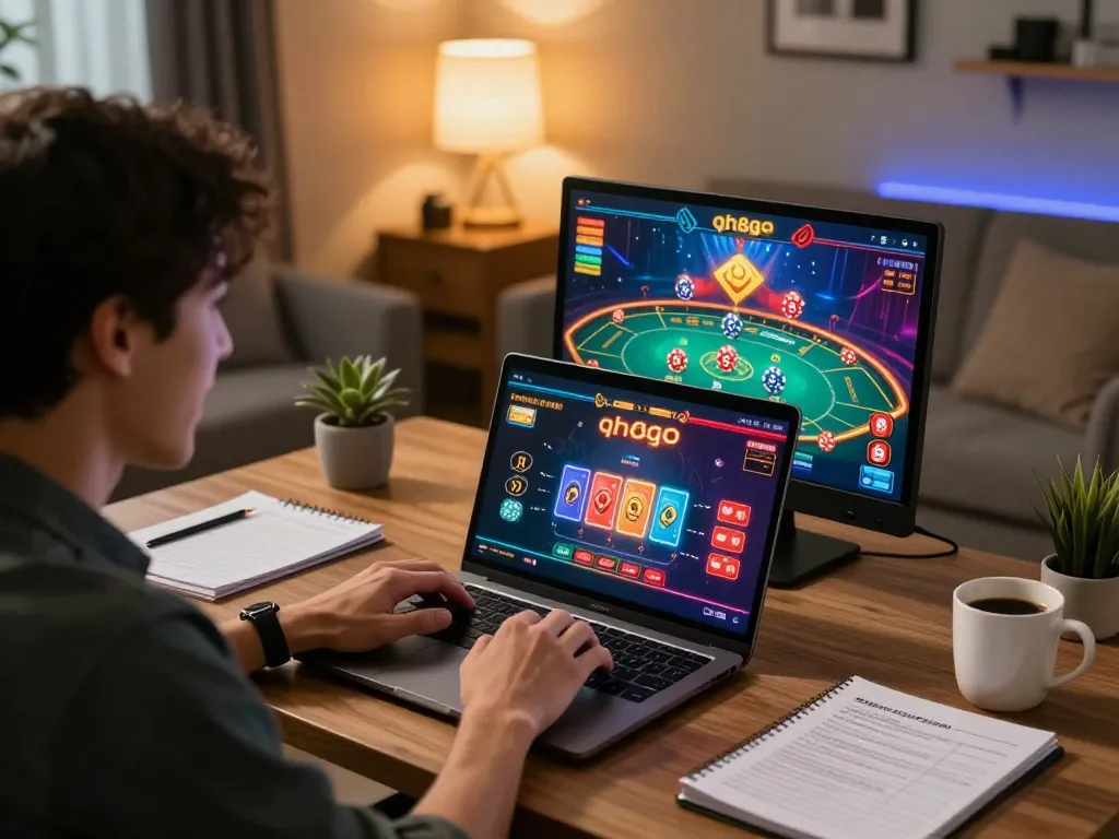 Engaging in online gambling at qh88go, capturing the thrill of playing live dealer games.