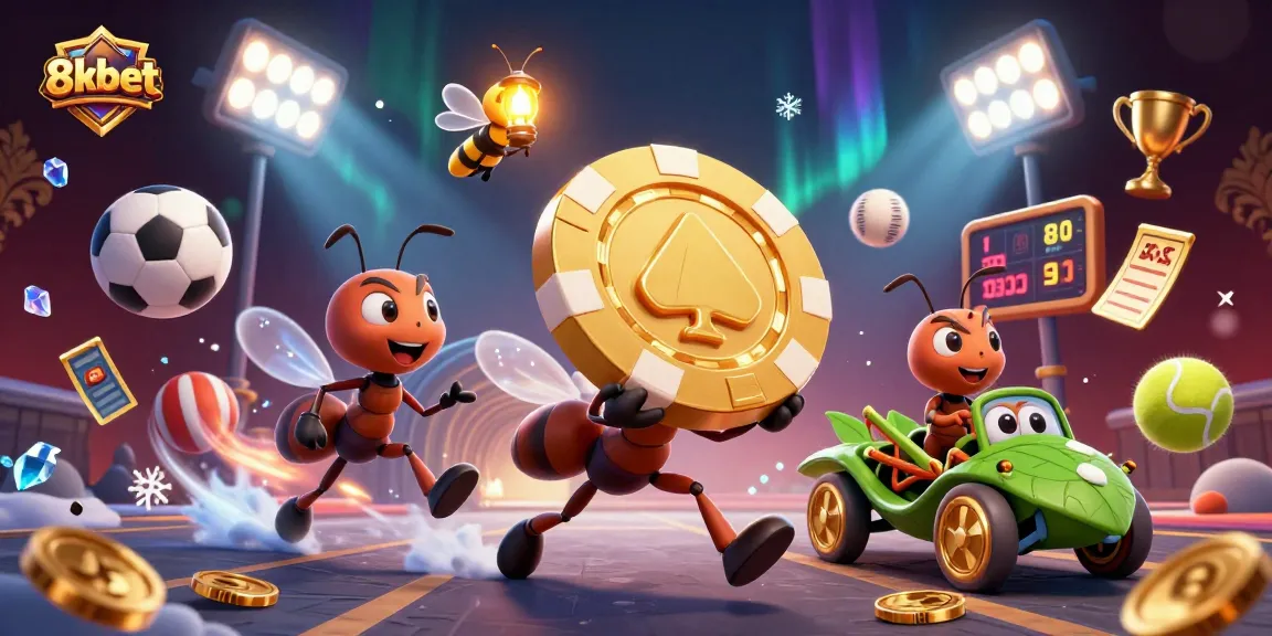 8xbet ants heisting a golden poker chip amidst sports elements in a vibrant 3D illustration.
