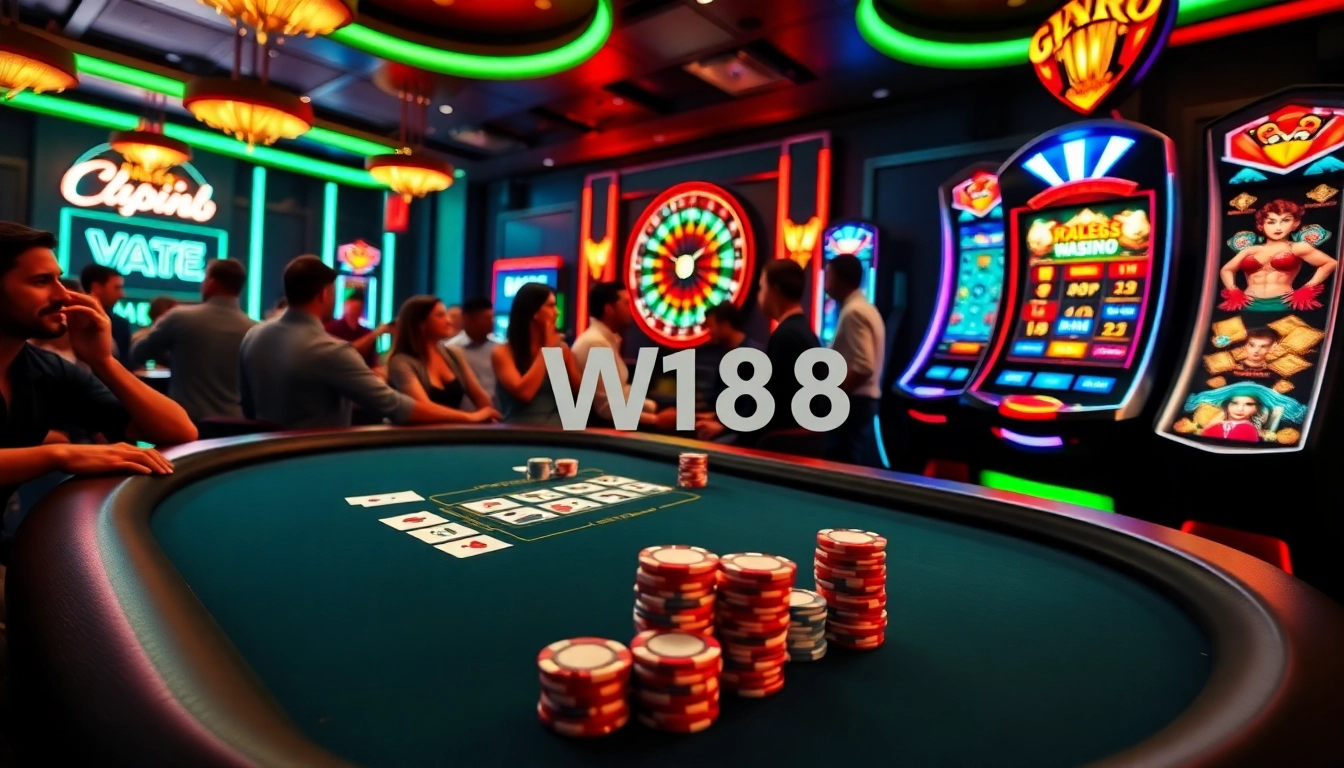 Exciting online gambling experience at W188 with poker, roulette, and slot machines.