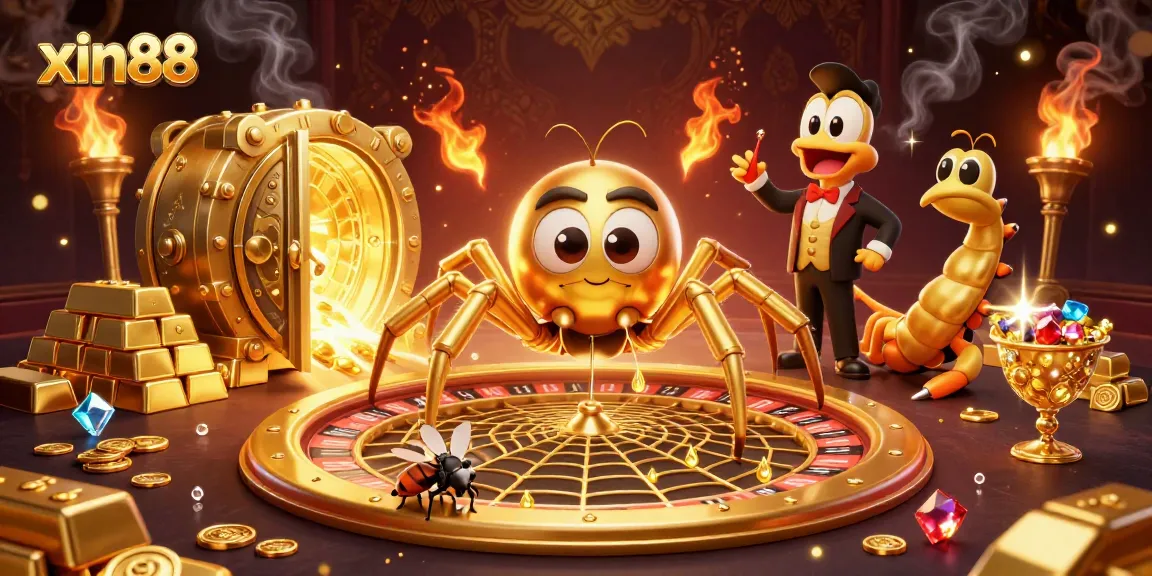 xin88 illustrates a vibrant 3D scene with a golden spider spinning a roulette web among treasures