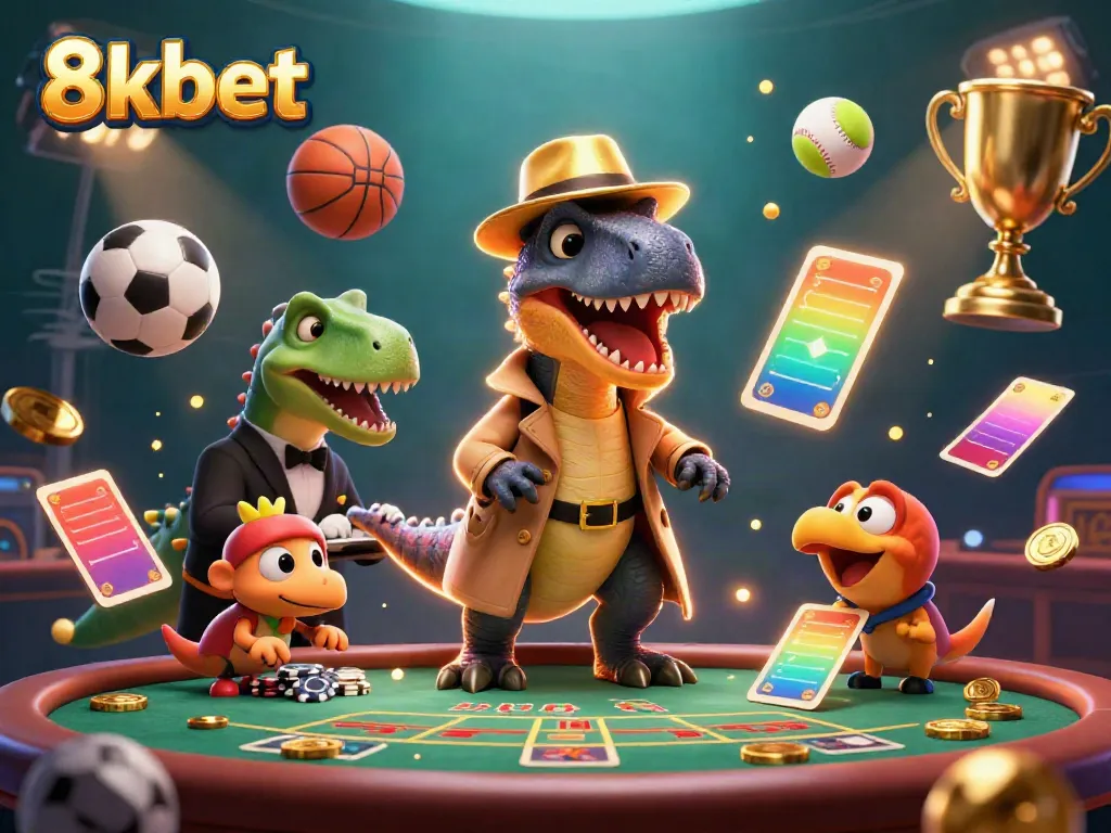Join the fun at 8kbet with a cartoon velociraptor card counter, a stegosaurus pit boss, and a sneaky pickpocket in an exciting casino scene.