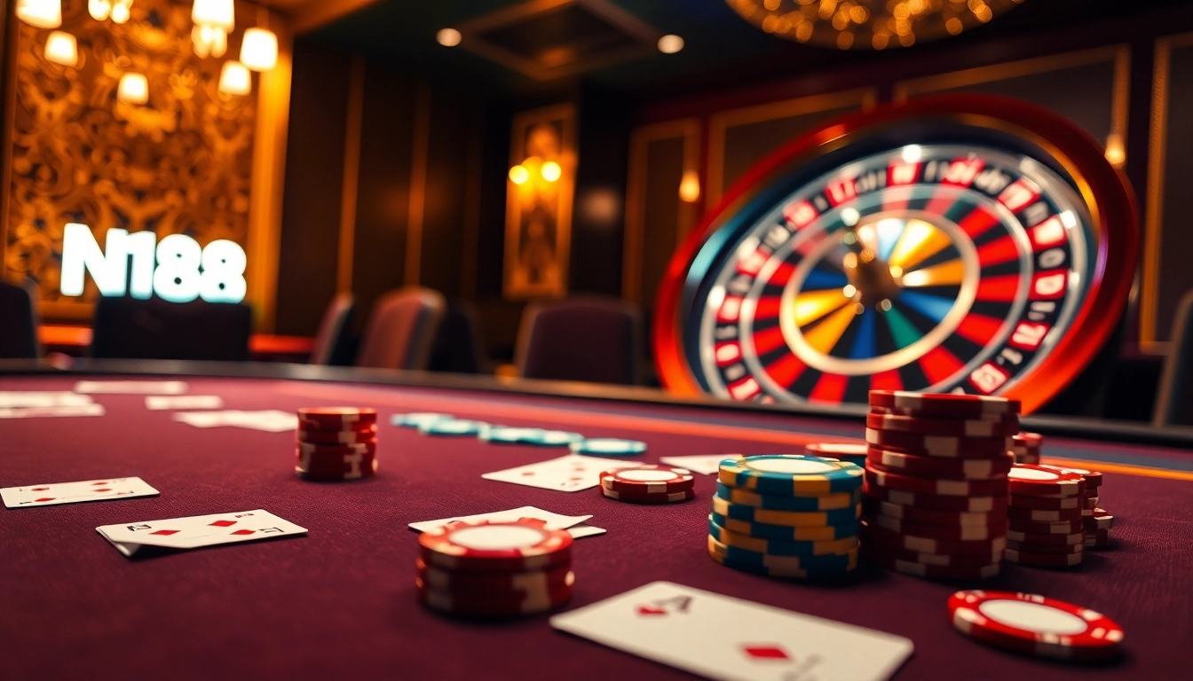 Exciting gambling action featuring N188 poker chips on a luxurious casino table.