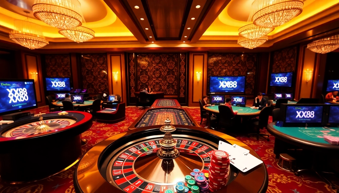 Experience luxury gambling with XX88's vibrant casino scene featuring Roulette and Baccarat.