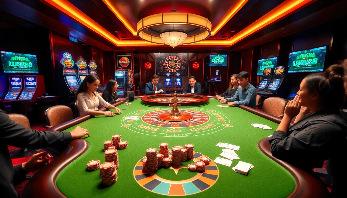 Experience the excitement of ĐĂNG KÝ LUCK8 with a luxurious casino setting featuring gaming tables and vibrant slot machines.