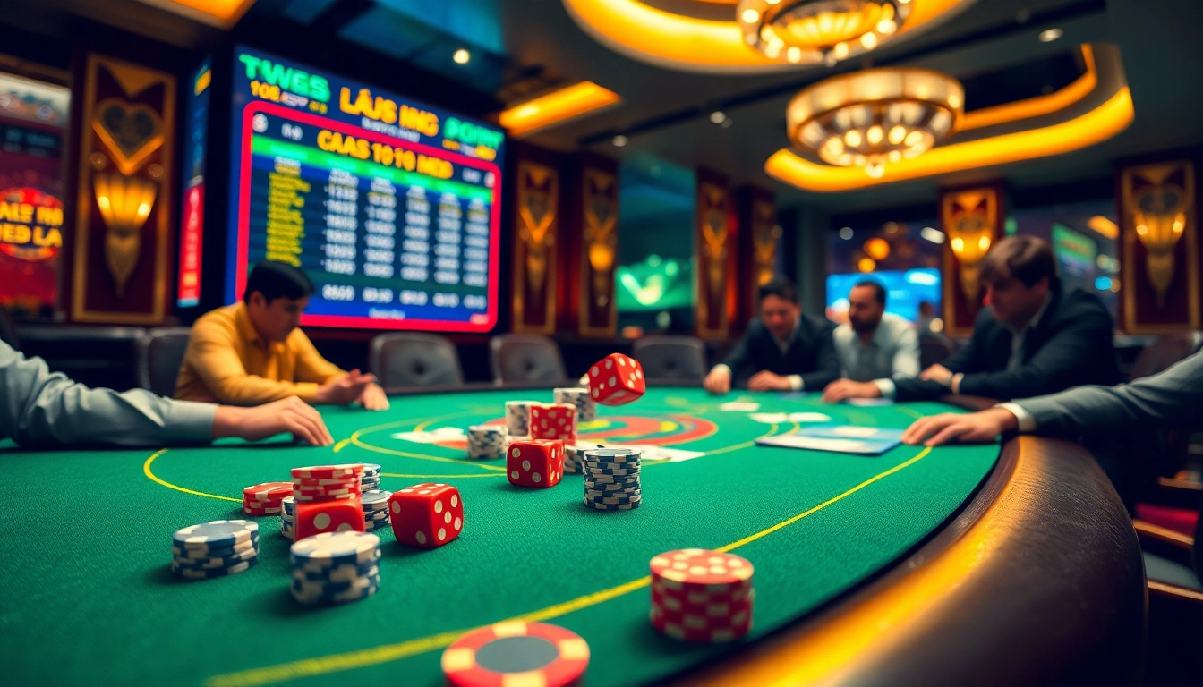 Engaging players strategizing bets at a Tài xỉu MD5 table in a vibrant casino scene.