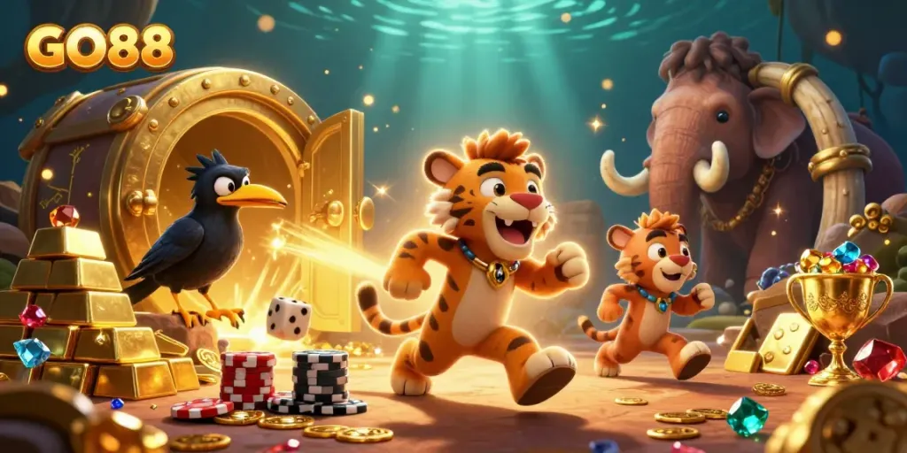Experience the thrill of GO88 with a vibrant prehistoric casino scene filled with treasures and playful characters.