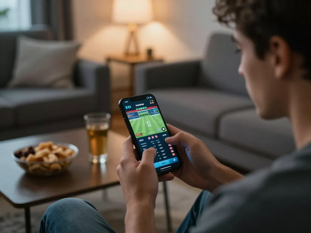 N88 sports betting enthusiast placing live bets on a mobile app in a cozy living room.