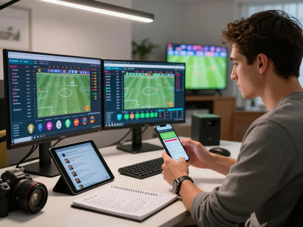 Real-time sports betting analysis with tỷ lệ kèo nhà cái 5 displayed on multiple screens in a dynamic home office.