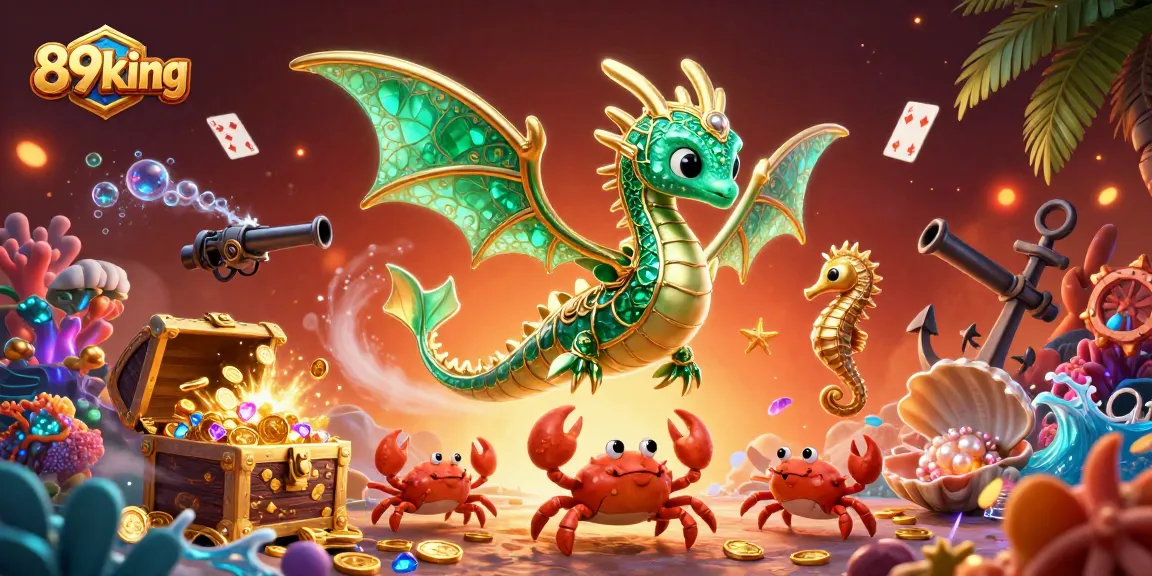 Experience thrilling play with 89king as the emerald sea dragon and treasures come alive in this vibrant casino-themed illustration.