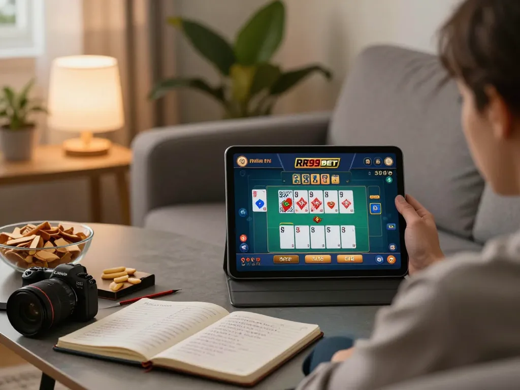 Engaging in RR99 BET online card games on a tablet in a cozy home setup.