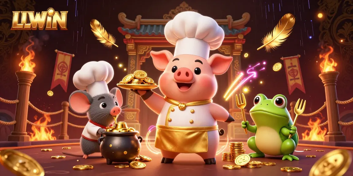 Experience LLWIN's thrilling casino adventure as the chef pig serves golden coins amidst lively gaming elements.