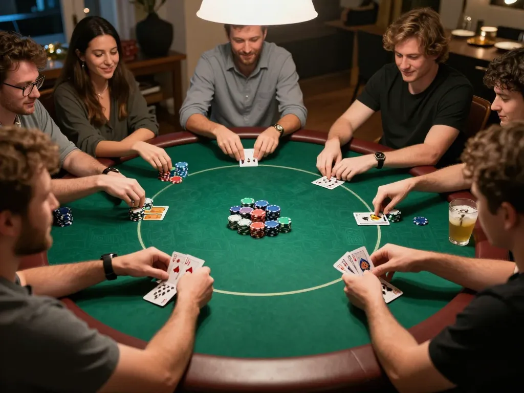 Players engaged in a lively poker night, showcasing strategy and camaraderie at FC88 gaming table