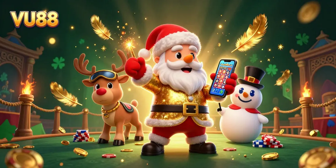 Spin the reels at VU88 with Santa Claus and his companions in a festive casino environment.