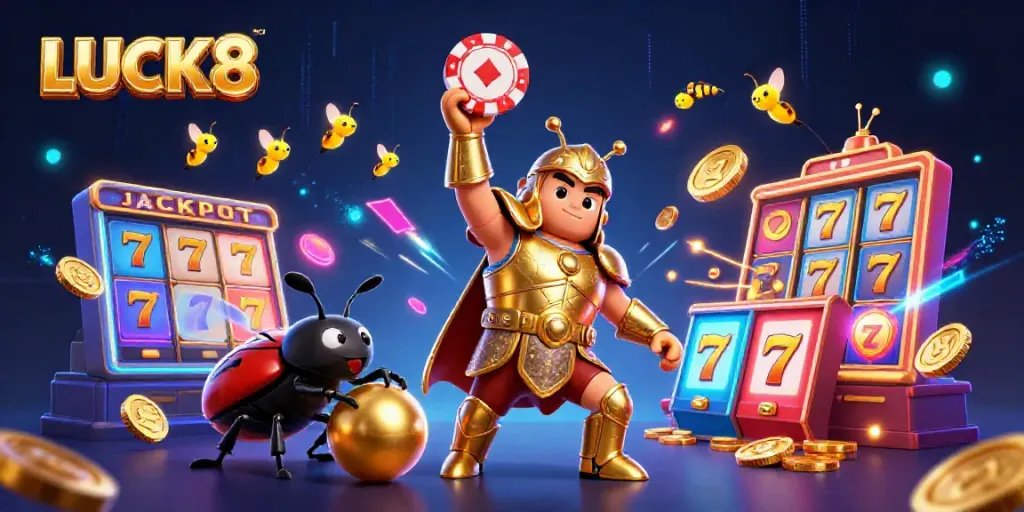 LUCK8 casino scene featuring vibrant characters celebrating a jackpot win with colorful slots and rich casino elements.