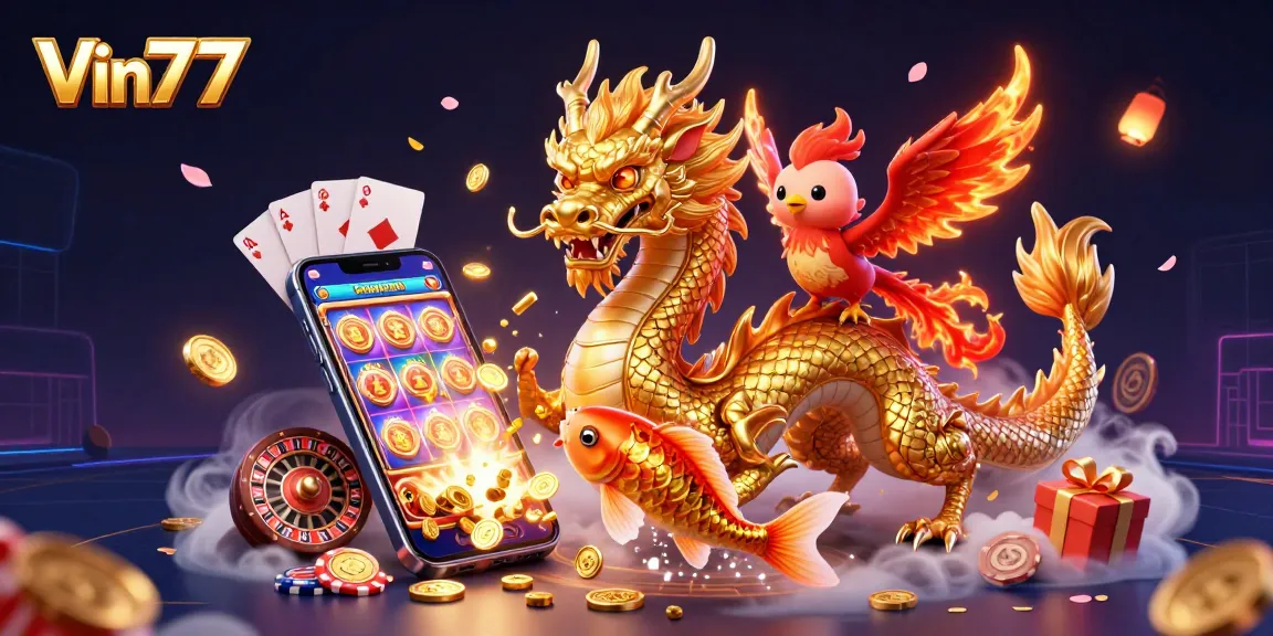 Win big with Vin777 in a vibrant 3D casino scene featuring dragon and phoenix.