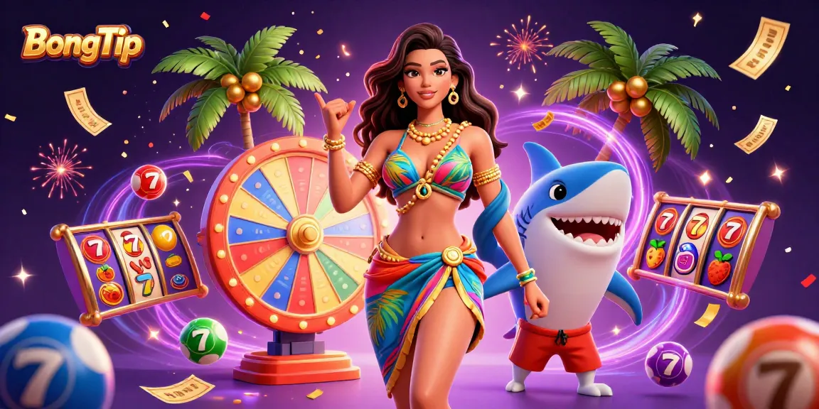 BongTip showcases a vibrant casino scene with a glamorous woman and a friendly shark surrounded by colorful lottery elements and spinning slot machines.