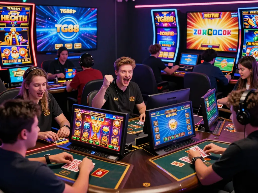 TG88 online gambling players engaging on various devices, showcasing vibrant gaming atmosphere and excitement.
