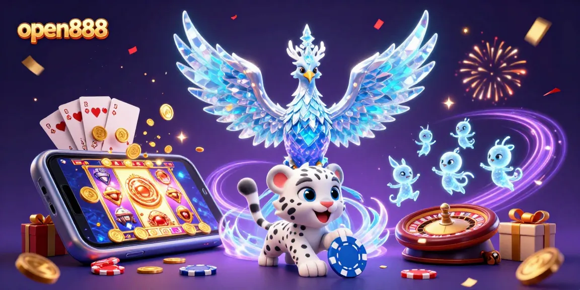 Join the excitement at open888 with an energetic scene of vibrant characters amidst casino games.