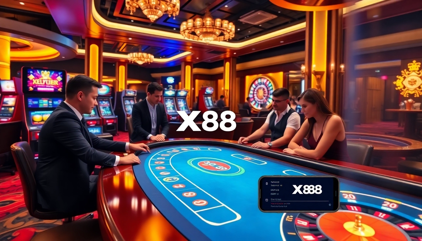X88 presents an exciting poker game at a luxurious casino table with vibrant slot machines.