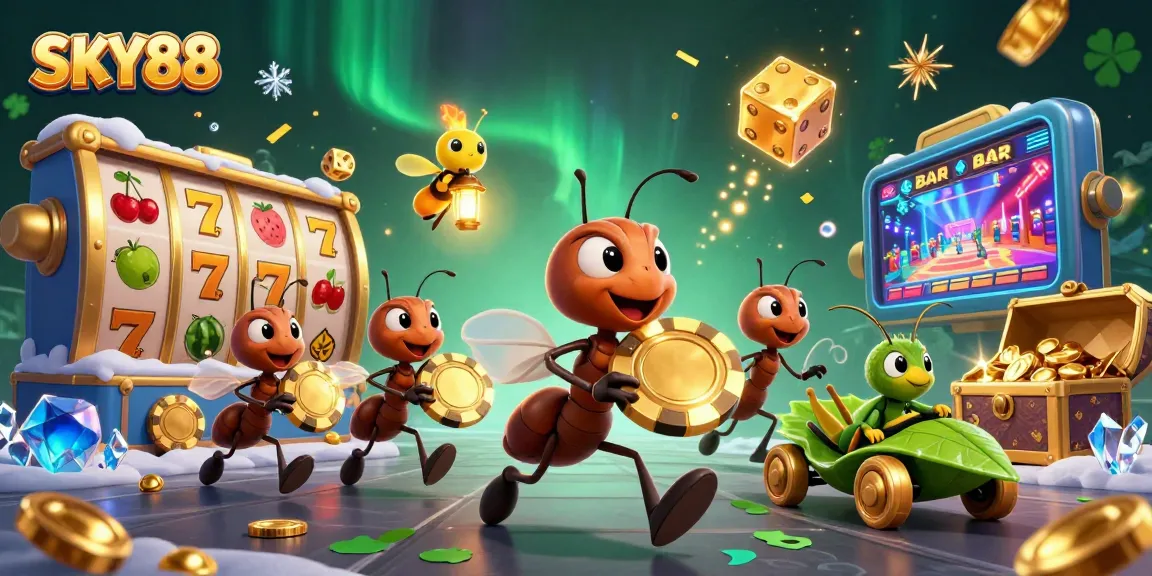 SKY88 illustration featuring ants on a heist with a golden poker chip, rich casino symbols.