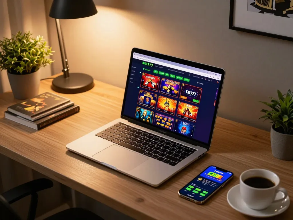 Engaging with km777 casino games at a stylish home office setup, with online betting activity visible.